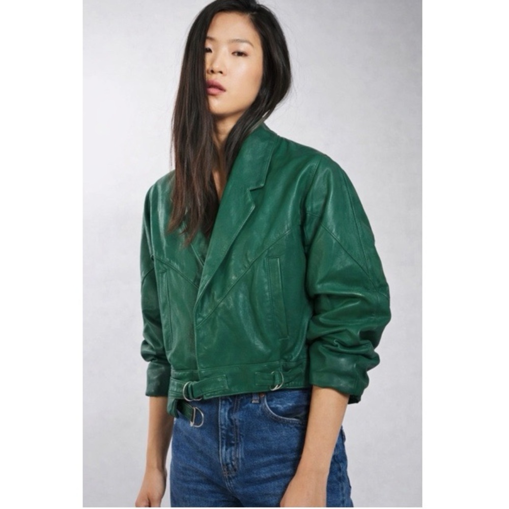 Topshop Emerald Green Cropped Leather Jacket | Belted Waist